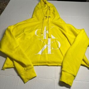 Calvin Klein Jeans Yellow Cropped Hoodie Sweatshirt CK Logo‎ Women XS Athleisure